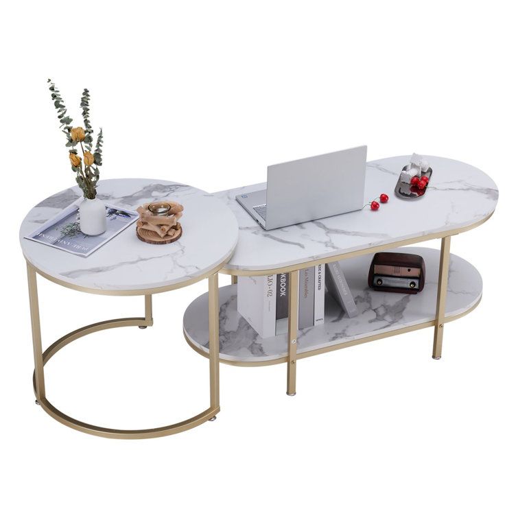 Everly Quinn White Faux Marble Top Gold Coffee Table Set Of 2, Round & Long  Oval Nesting Tables For Living Room | Wayfair For Faux Marble Gold Coffee Tables (View 10 of 20)