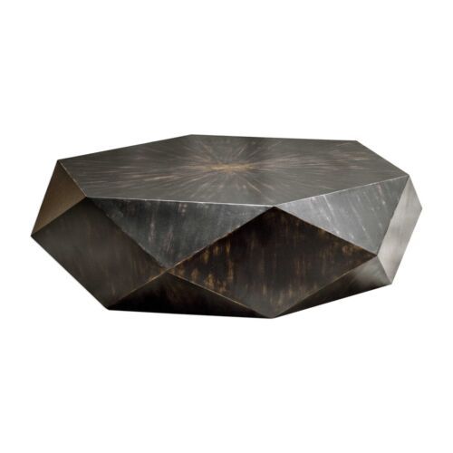 Faceted Large Round Wood Coffee Table Modern Geometric Block Solid 50 In |  Ebay Inside Geometric Block Solid Coffee Tables (View 4 of 20)
