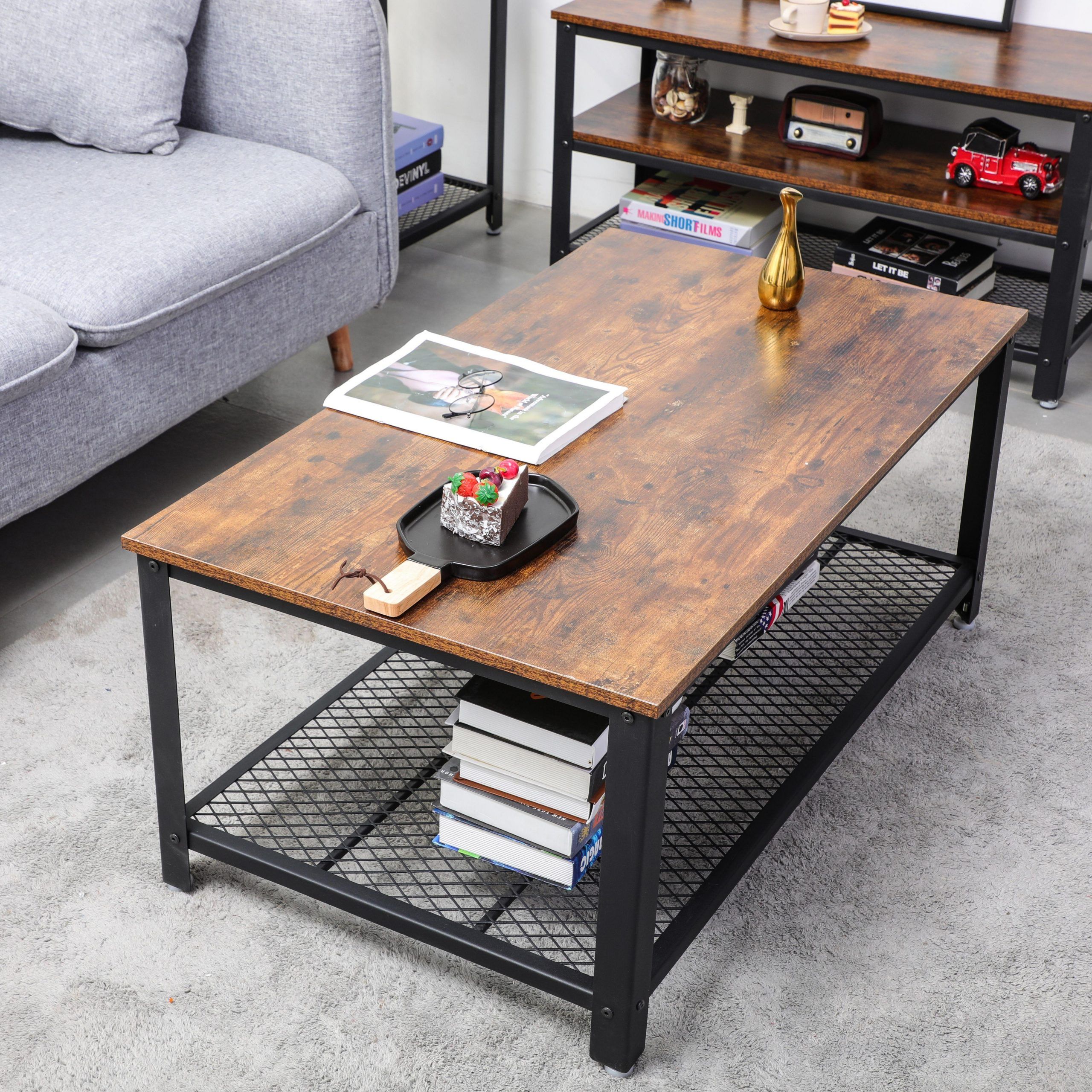 Farmhouse Coffee Table, 2 Tier Modern Industrial End Table With Storage Open  Shelf For Living Room, Tea Table, Furniture With Metal Frame, Rustic Brown  – Walmart Within Open Shelf Coffee Tables (View 12 of 20)