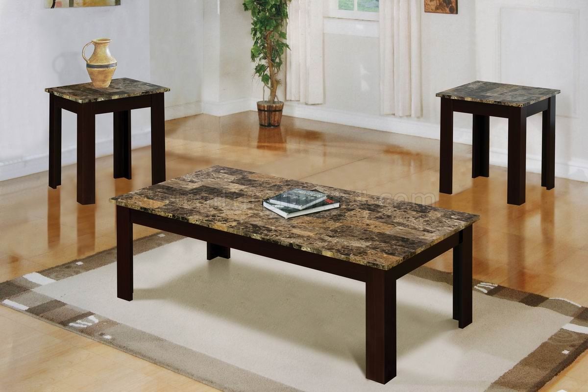 Faux Marble Top Modern 3pc Coffee Table Set W/brown Wood Base Pertaining To Faux Marble Top Coffee Tables (View 1 of 20)