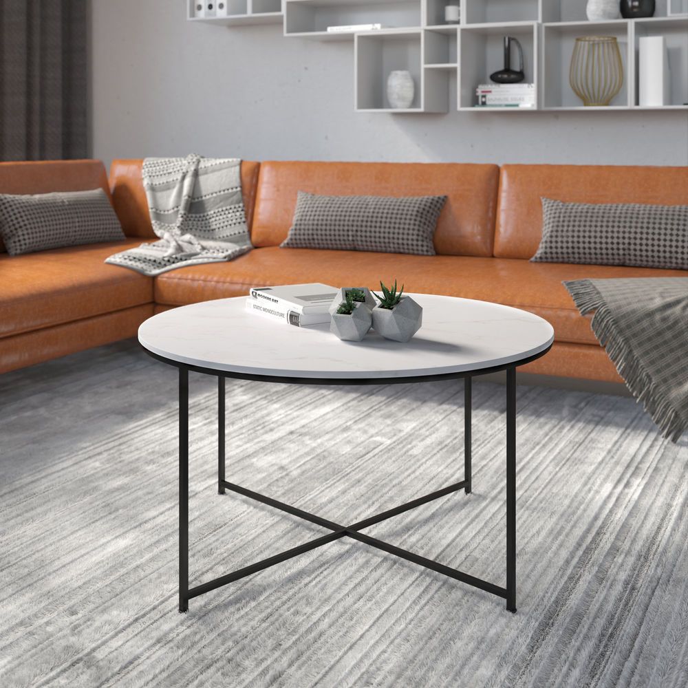 Flash Furniture White Marble Finish Coffee Table With Crisscross Matte  Black Metal Frame Throughout Matte Coffee Tables (View 13 of 20)