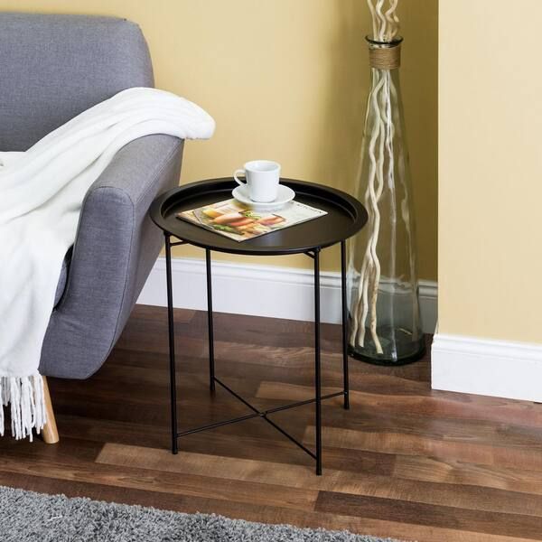 Foldable Round Multi Purpose Matte Black Side Accent Metal Table Hdc65335 –  The Home Depot With Regard To Folding Accent Coffee Tables (View 11 of 20)