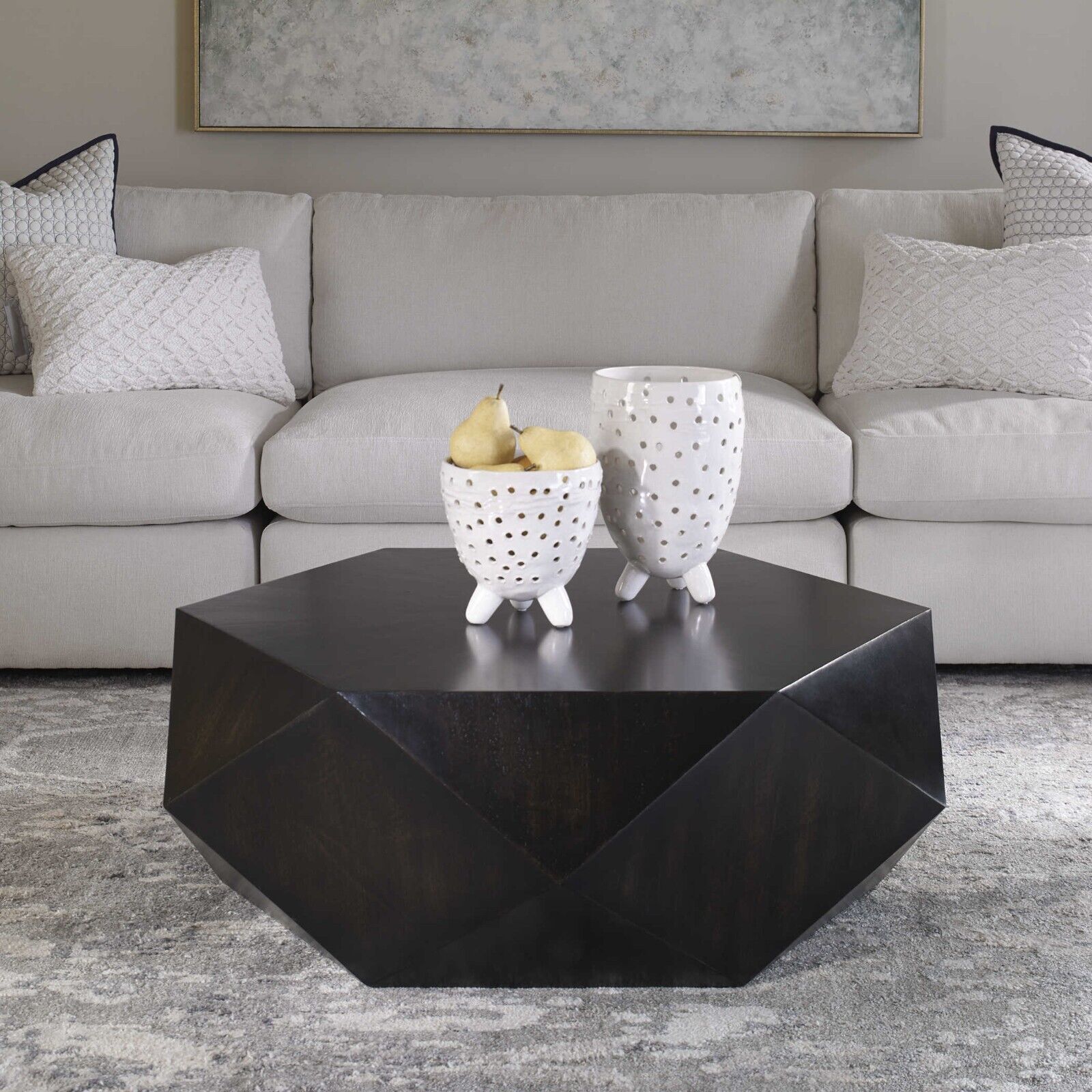 Geometric Modern Round Wood Coffee Table Faceted 40 In Block Solid  Distressed | Ebay Intended For Geometric Block Solid Coffee Tables (View 8 of 20)