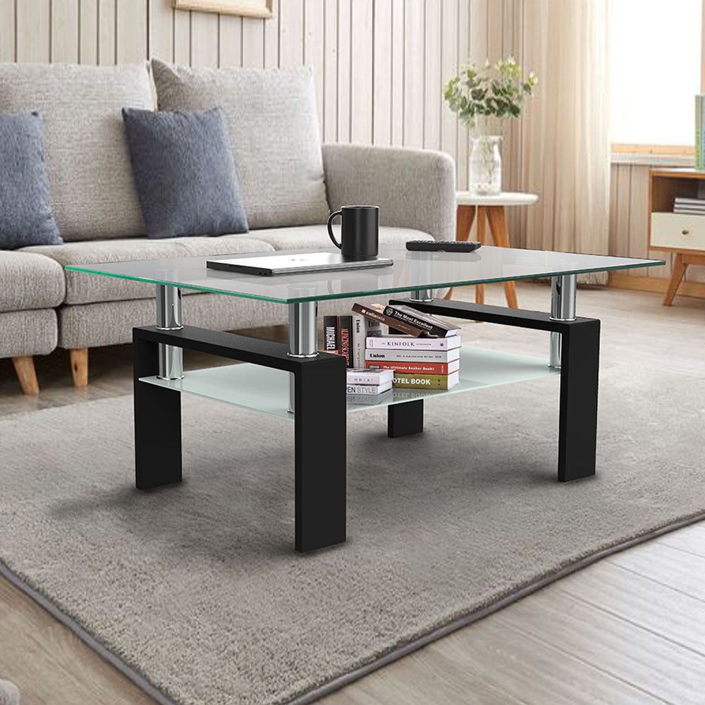 Glass Coffee Table With 2 Tier Tempered Glass Boards, Sturdy Modern Side  Center Coffee Table With Lower Shelf, Metal Legs, Rectangle Sofa Side Tables  Cocktail Living Room Furniture, Q14322 – Walmart Pertaining To 2 Tier Metal Coffee Tables (View 7 of 20)