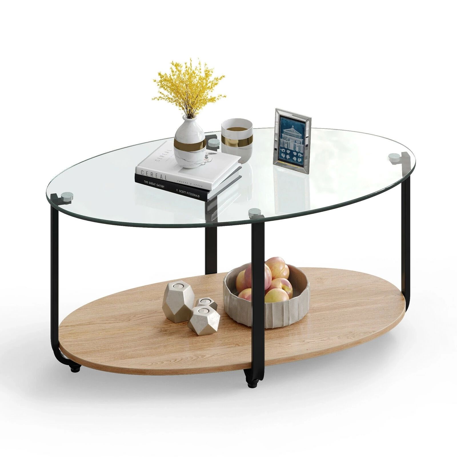Glass Top Coffee Table 2 Tier Modern Oval Side Sofa Table W/ Storage Shelf  Jv10022 – Coffee Tables – Aliexpress With Regard To Glass Coffee Tables With Storage Shelf (View 10 of 20)