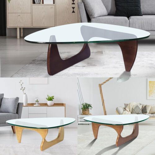 Glass Triangle Coffee Table With Solid Wood Stand Fit For Noguchi Style |  Ebay Throughout Triangular Coffee Tables (View 8 of 20)