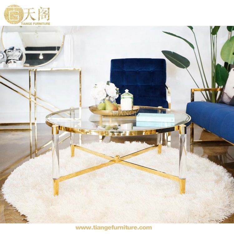 Gold Finish Stainless Steel Tempered Glass Top Amaya Round Gold Lucite  Coffee Table – Buy Lucite Coffee Table,amaya Coffee Table,round Gold Coffee  Table Product On Alibaba Inside Stainless Steel And Acrylic Coffee Tables (View 11 of 20)