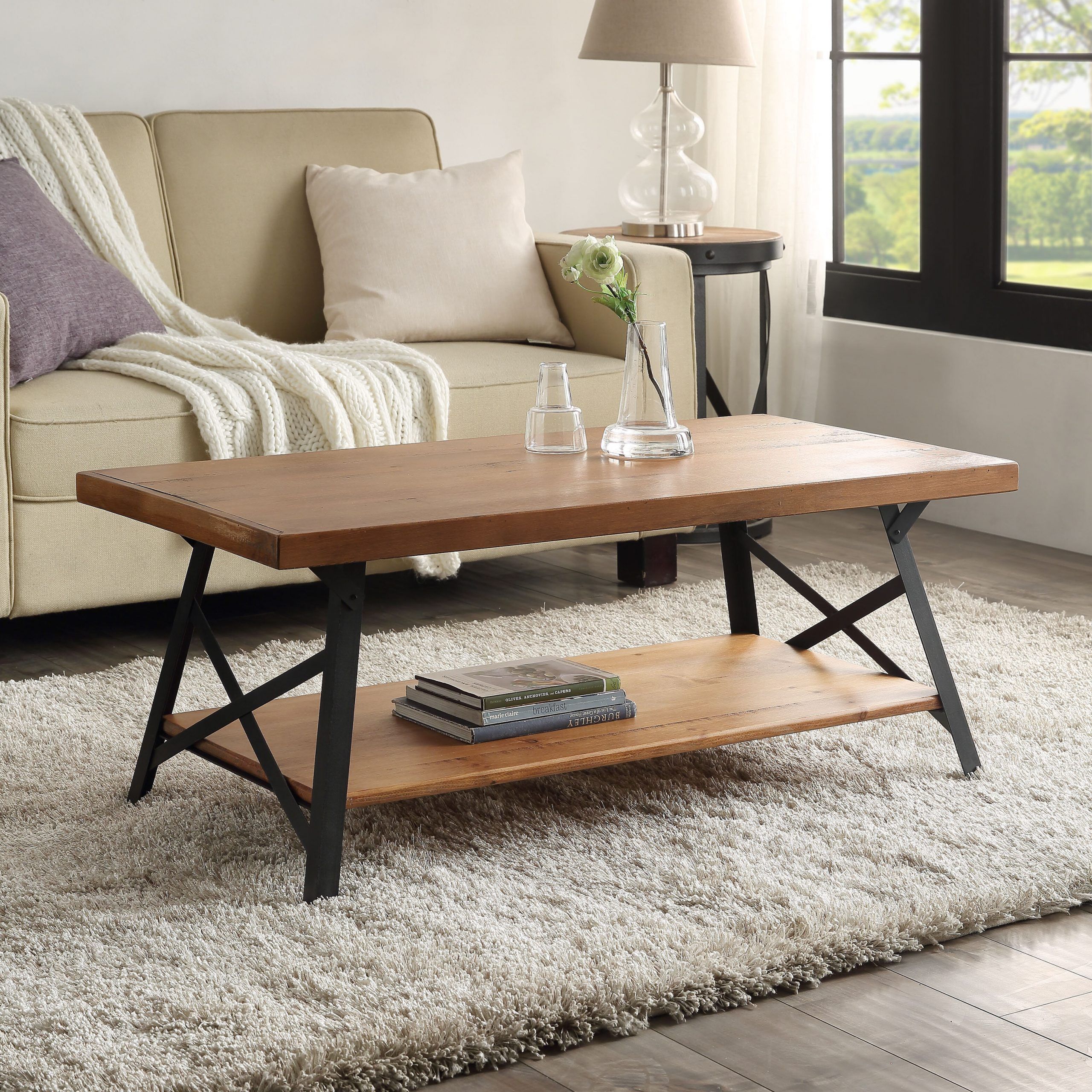 Gracie Oaks 43'' Metal Legs Rustic Coffee Table, Solid Wood Tabletop |  Wayfair Inside Iron Legs Coffee Tables (View 5 of 20)