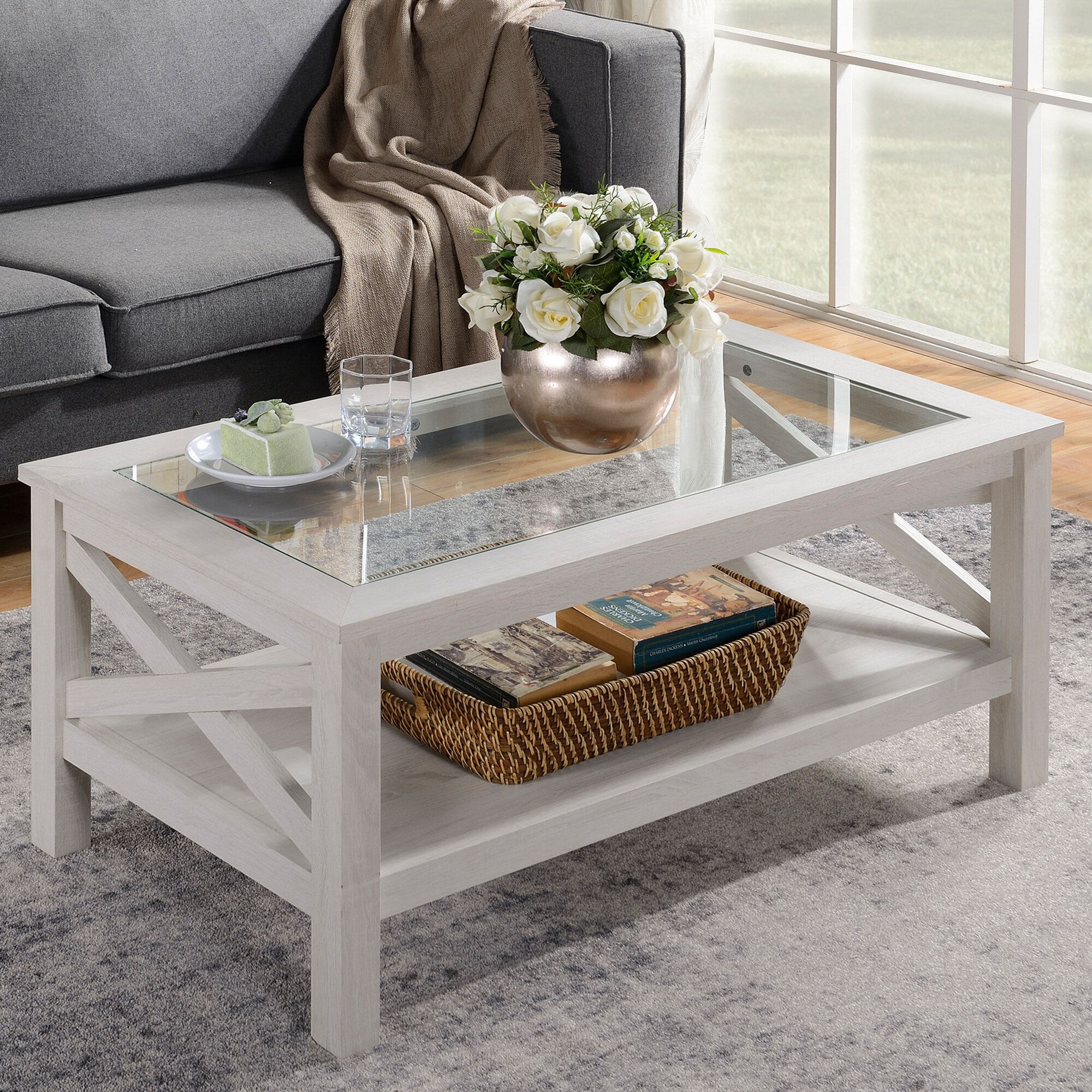 Gracie Oaks Espinet Traditional Coffee Table With Wood Frame, Tempered Glass  Tabletop And Underneath Storage Shelf, White Oak & Reviews | Wayfair In Tempered Glass Top Coffee Tables (View 3 of 20)