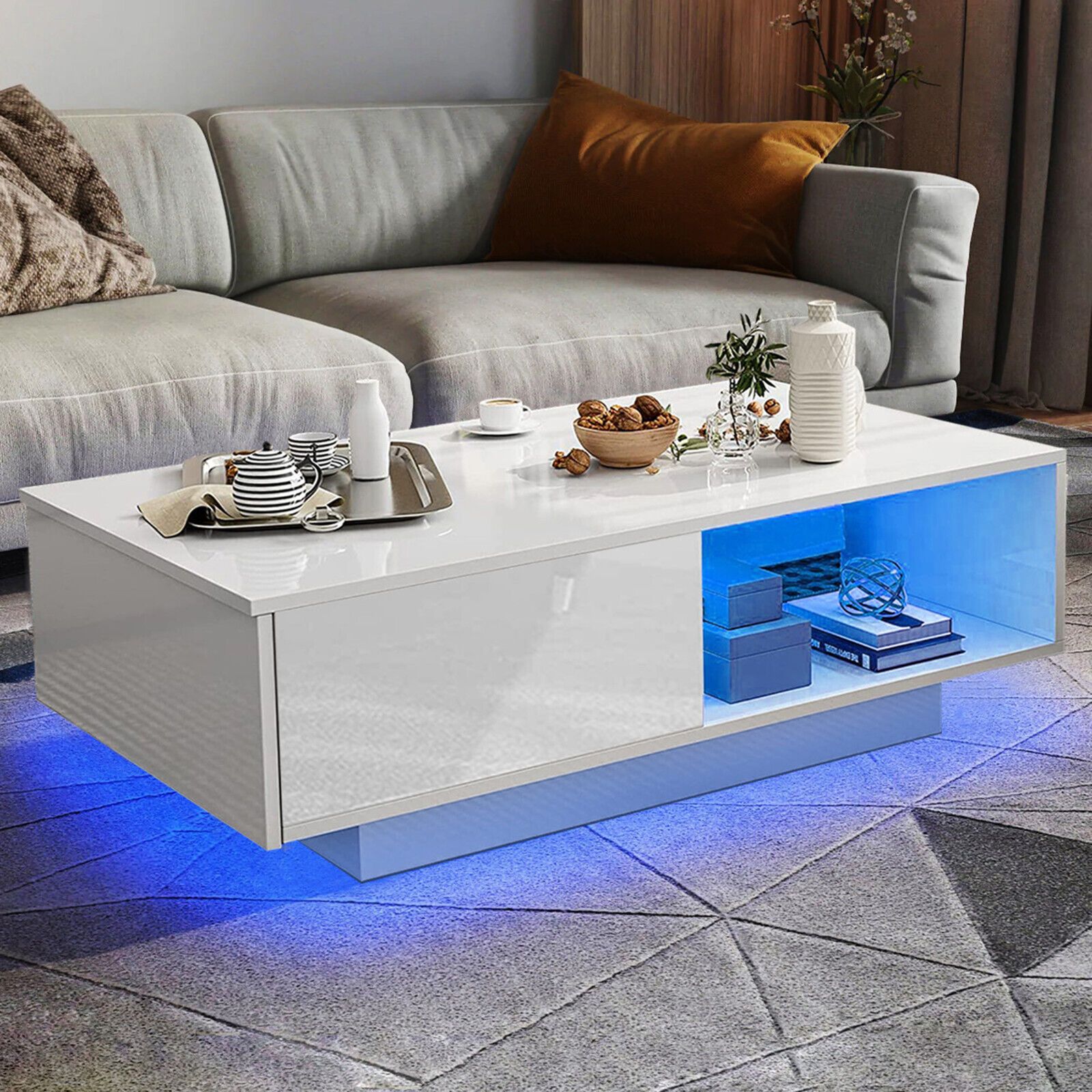 High Gloss Coffee Table With Storage Drawers Rgb Led Modern Living Room  Wooden | Ebay With Regard To High Gloss Coffee Tables (View 18 of 20)