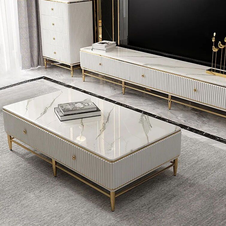 Homary White Faux Marble Rectangle Coffee Table In Gold With Storage 4  Drawers  (View 1 of 20)
