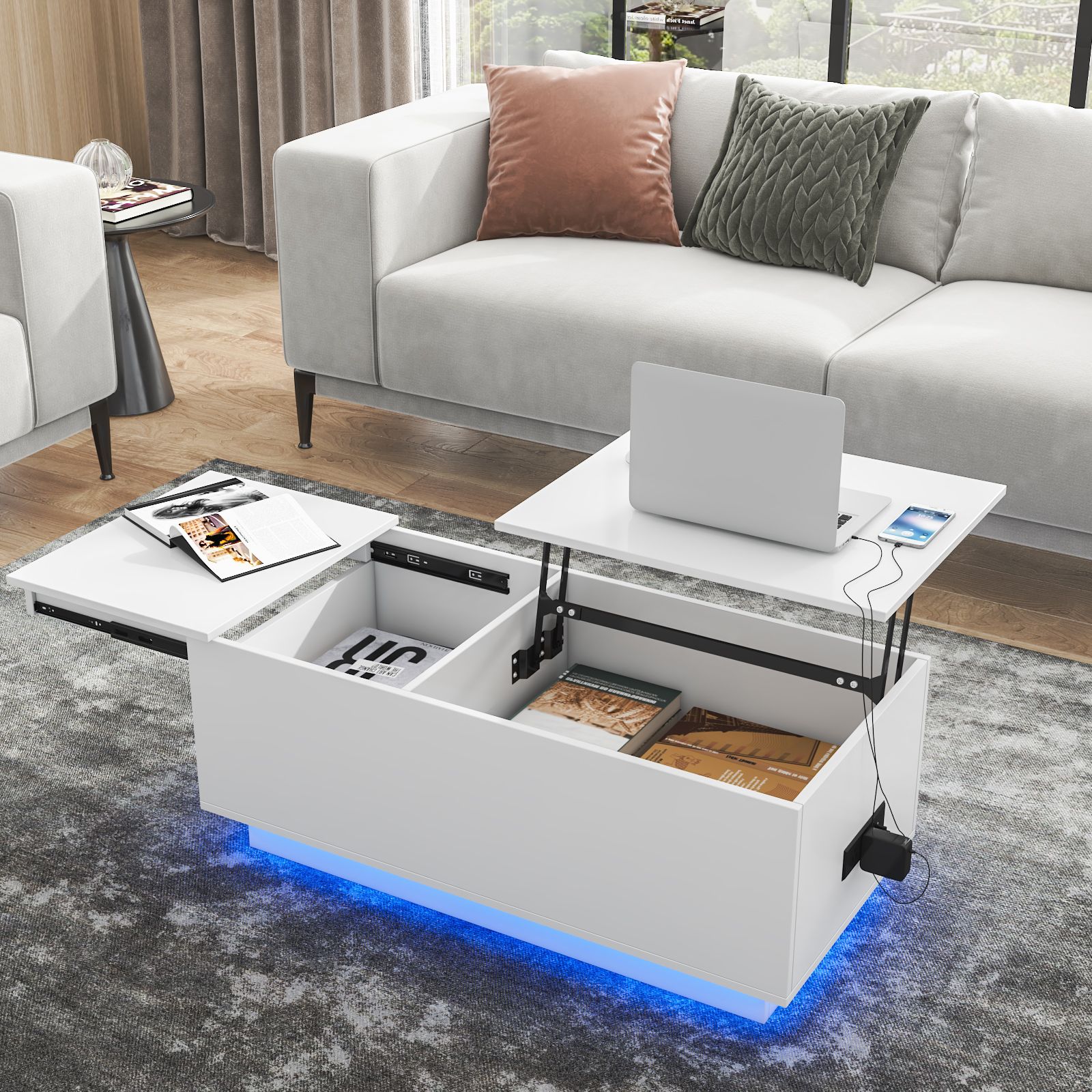 Hommpa Led Lift Top Coffee Table With Charging Station For Living Room,  Gray Hidden Storage Rising Dining Table – Walmart For Coffee Tables With Charging Station (View 20 of 20)