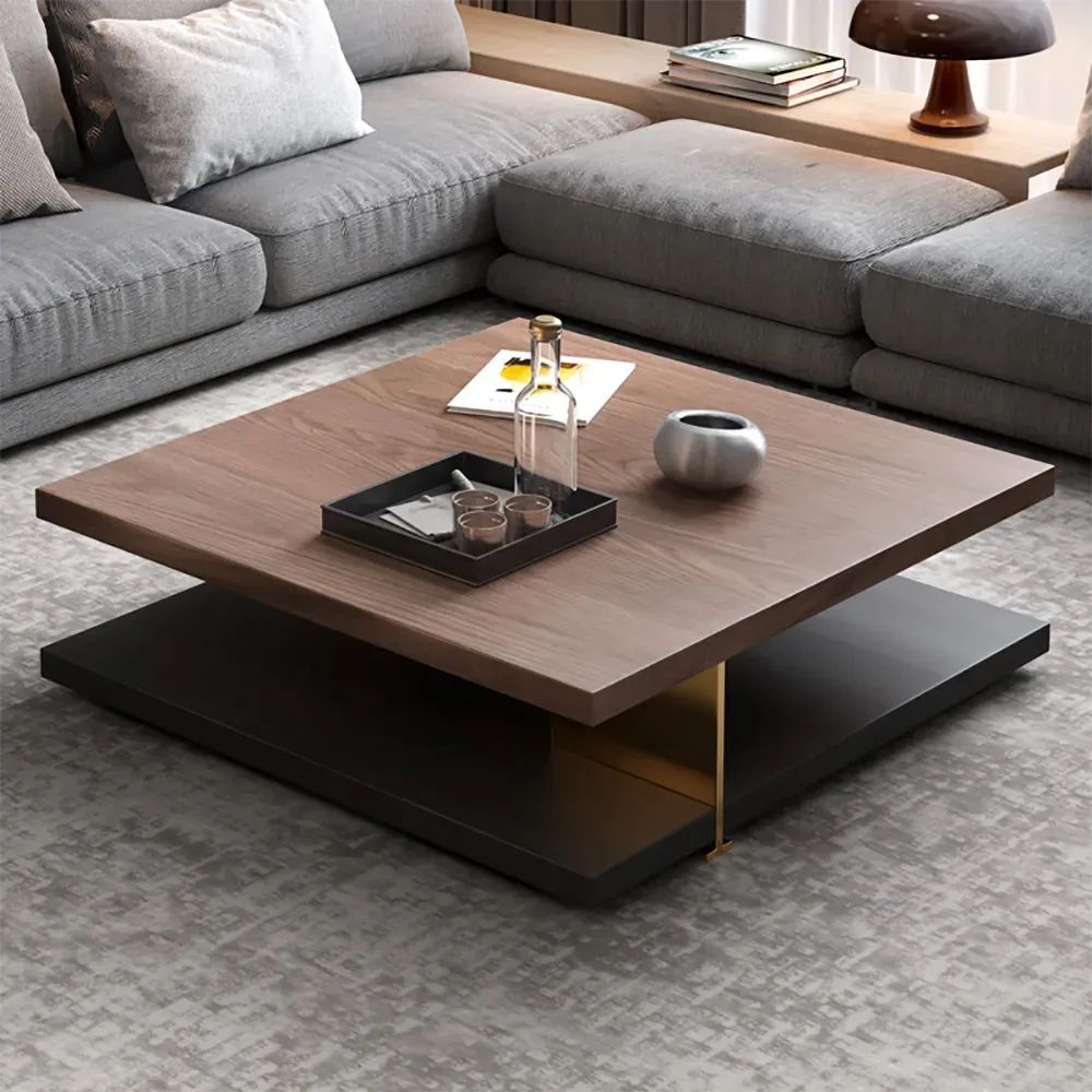 Industrial Black & Walnut Square Pedestal Coffee Table Solid Wood Accent  Table Homary Throughout Wood Accent Coffee Tables (View 8 of 20)