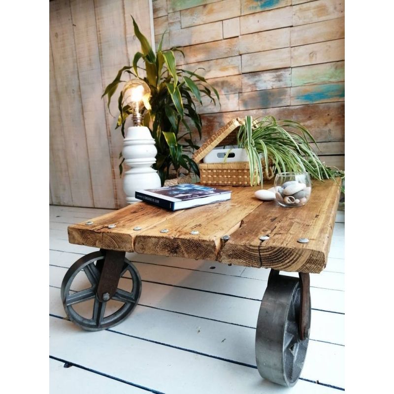 Industrial Coffee Table Big Wheels In Plank Coffee Tables (View 19 of 20)