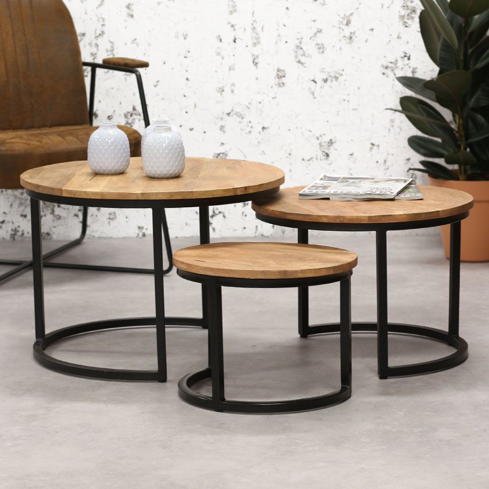 Industrial Coffee Table Cambridge (set Of 3) – Solid Wood – Furnwise Within Round Industrial Coffee Tables (View 18 of 20)