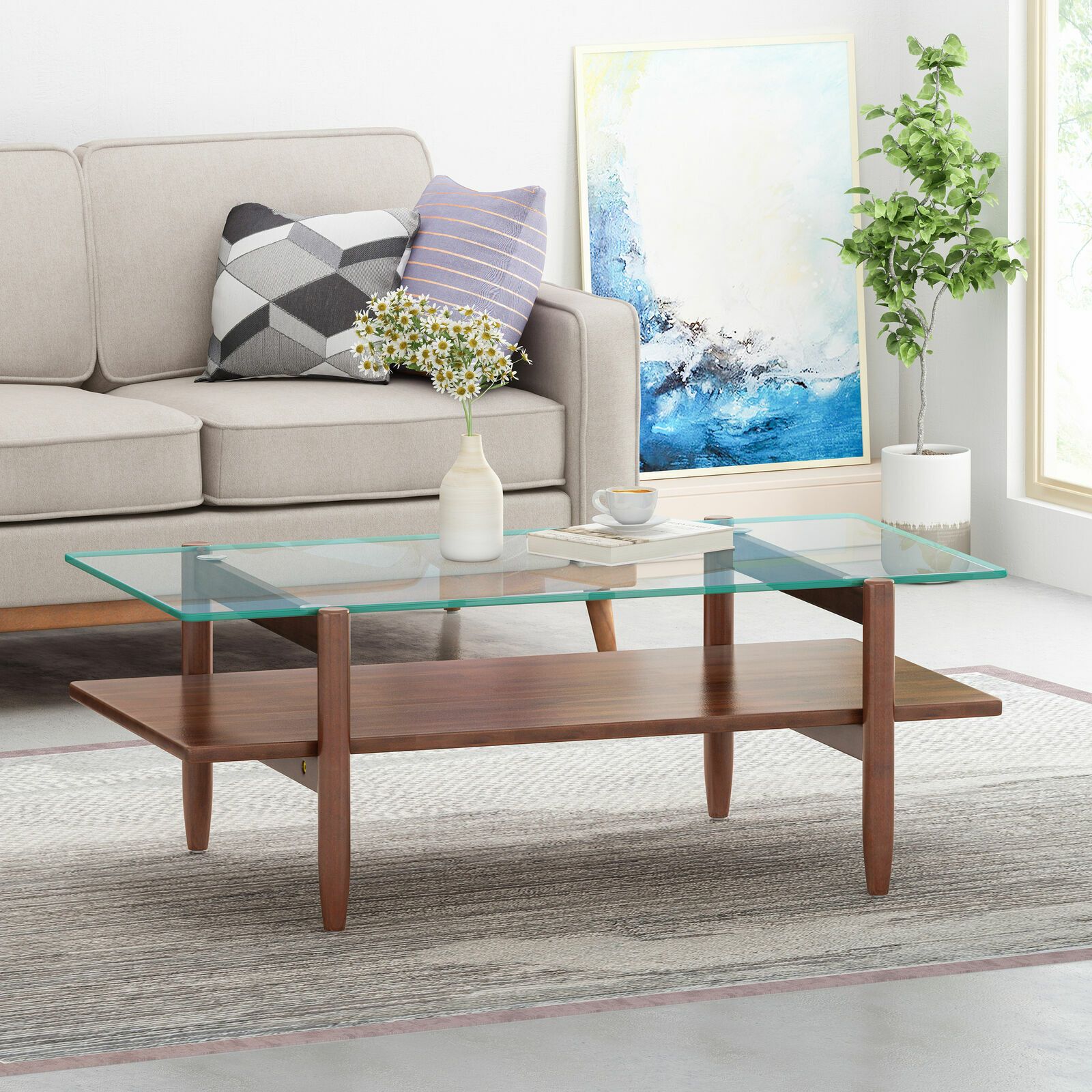 Janitza Acacia Wood Coffee Table With Tempered Glass Top | Ebay With Regard To Tempered Glass Top Coffee Tables (View 5 of 20)