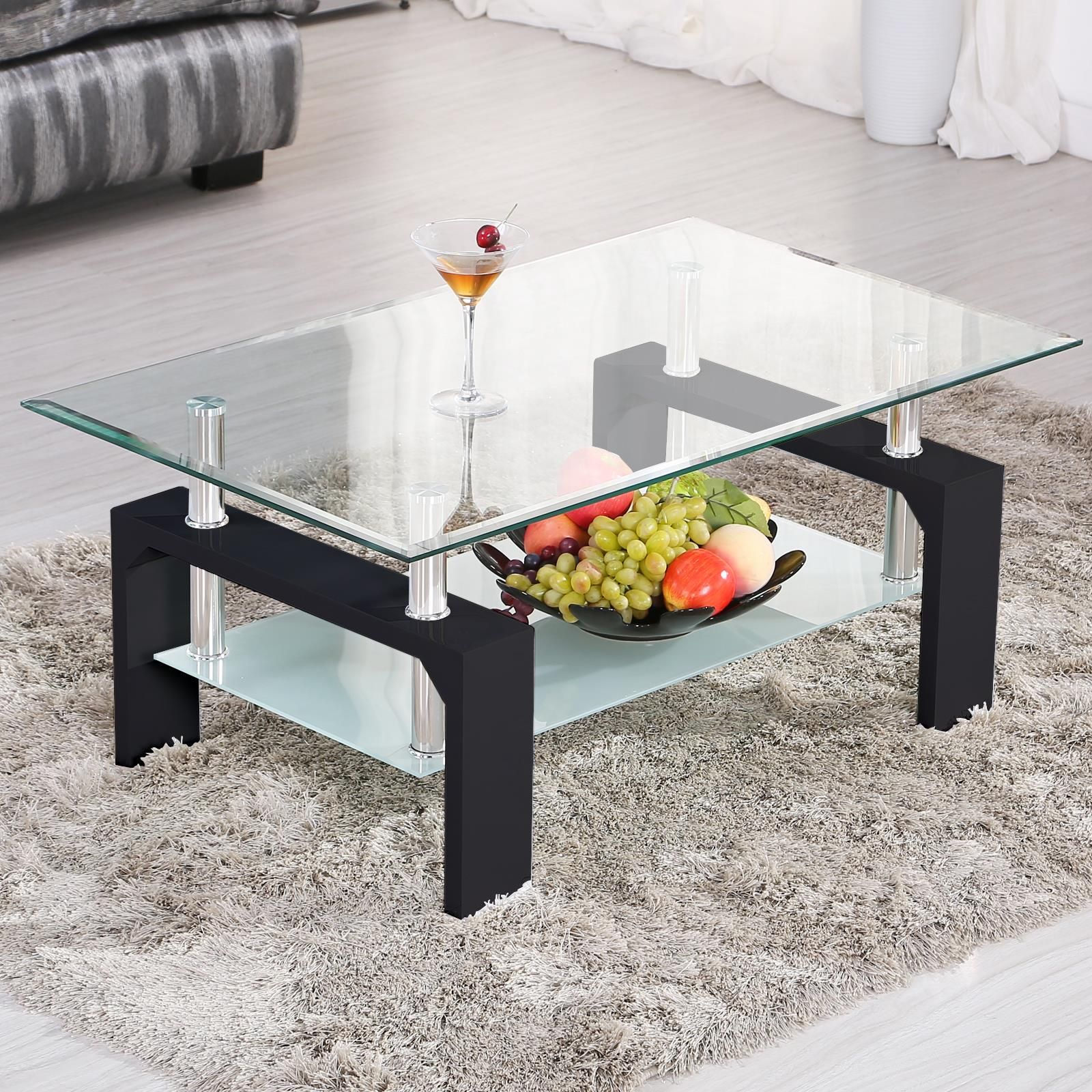 Ktaxon Rectangular Glass Coffee Table Shelf Wood Living Room Furniture  Chrome Base, Black – Walmart With Regard To Glass Coffee Tables With Storage Shelf (View 13 of 20)