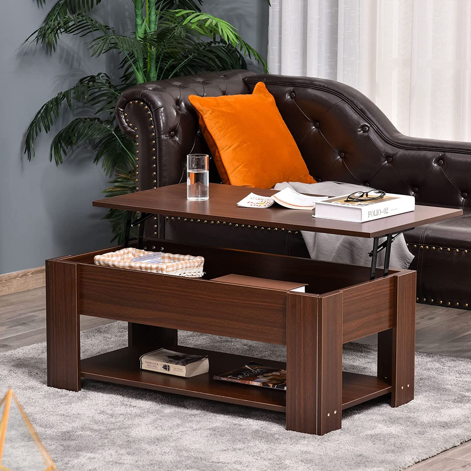 Lift Top Coffee Table With Hidden Storage Compartment And Open Shelf, Pop  Up Coffee Table For Living Room, Brown – Walmart Pertaining To Coffee Tables With Compartment (View 8 of 20)