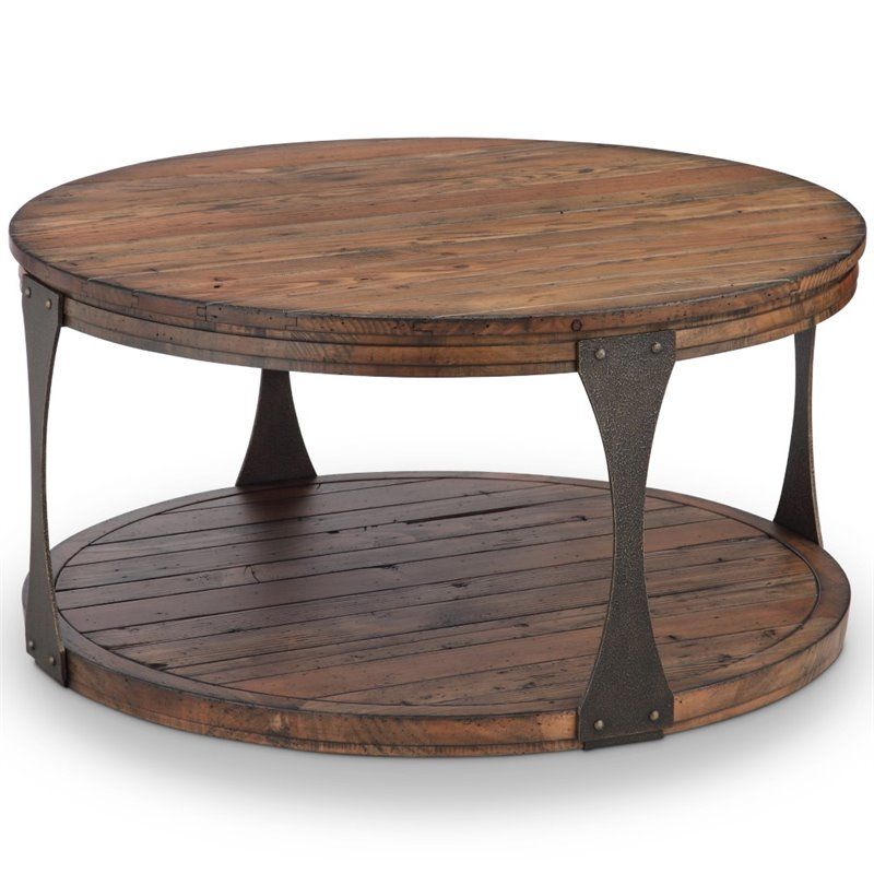 Magnussen Montgomery 36" Round Industrial Coffee Table In Bourbon | Cymax  Business With Regard To Round Industrial Coffee Tables (View 20 of 20)