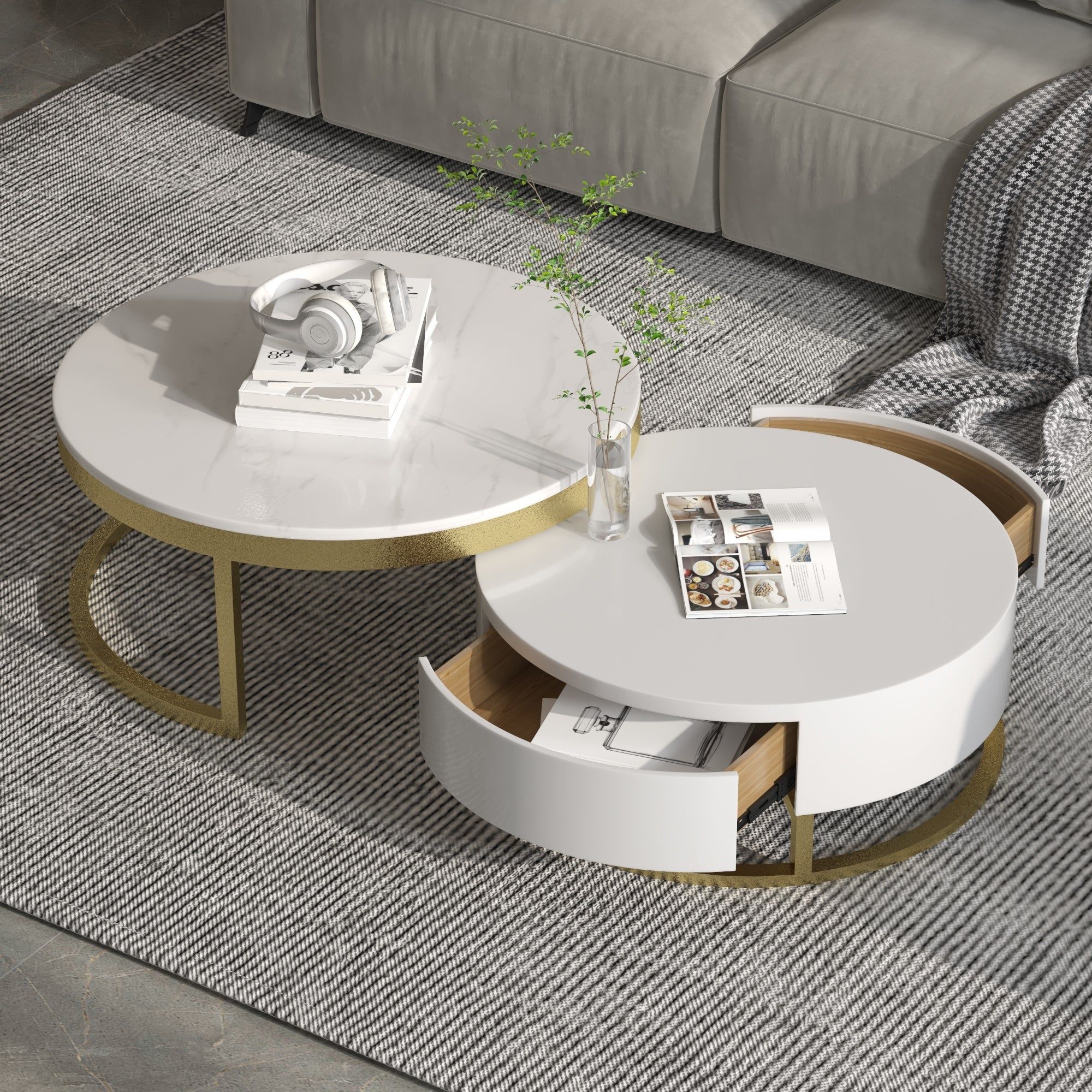 Marble Top Round Modern Swivel Coffee Table With Storage Of 2 Drawers And  Metal Legs – On Sale – Overstock – 35219180 Regarding Faux Marble Top Coffee Tables (View 14 of 20)