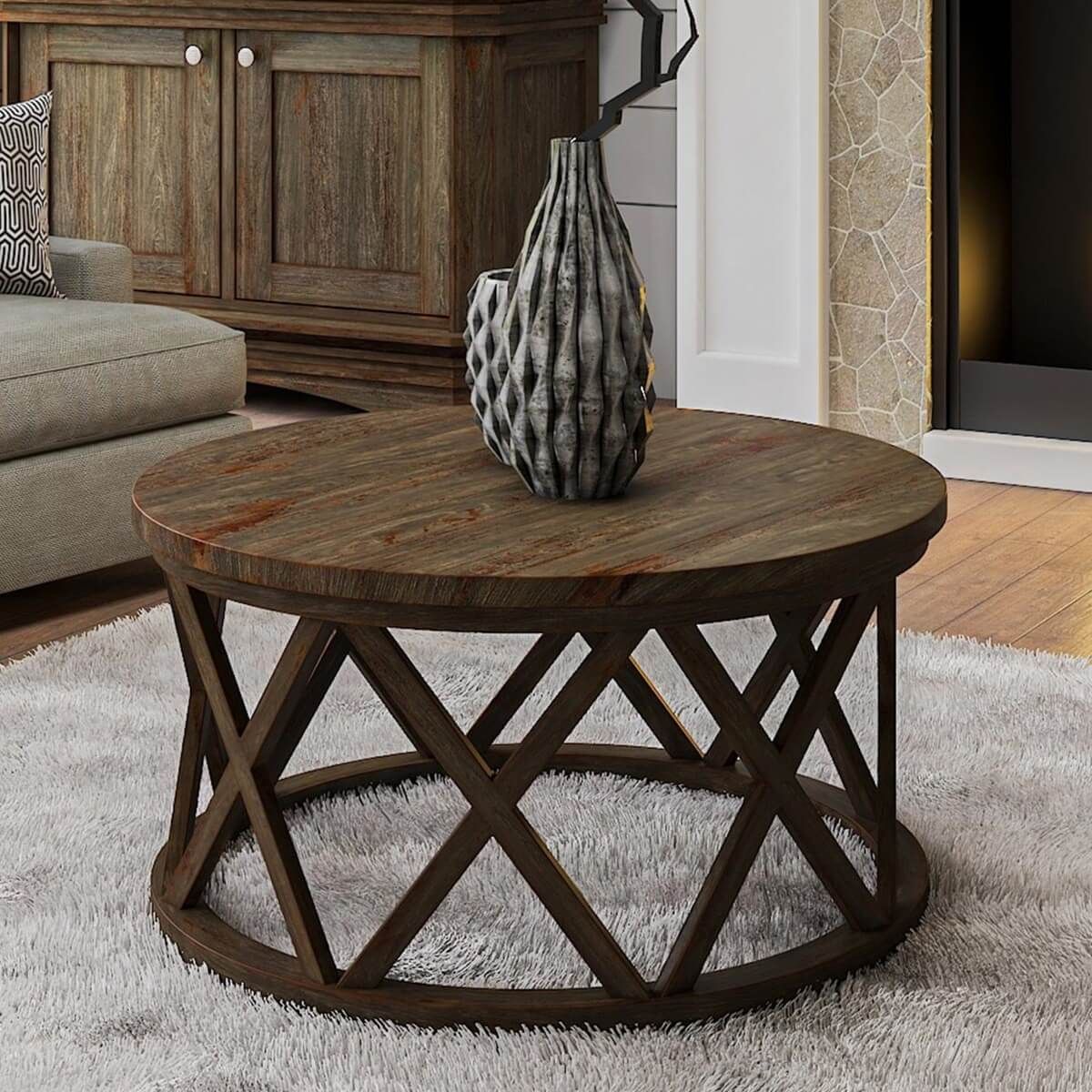 Mariefred Rustic Transitional Style Teak Wood Round Coffee Table In Rustic Round Coffee Tables (View 8 of 20)