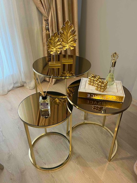Mirrored Gold Metal Legs With Bronze Glass Nesting Coffee – Etsy Pertaining To Bronze Metal Coffee Tables (View 20 of 20)