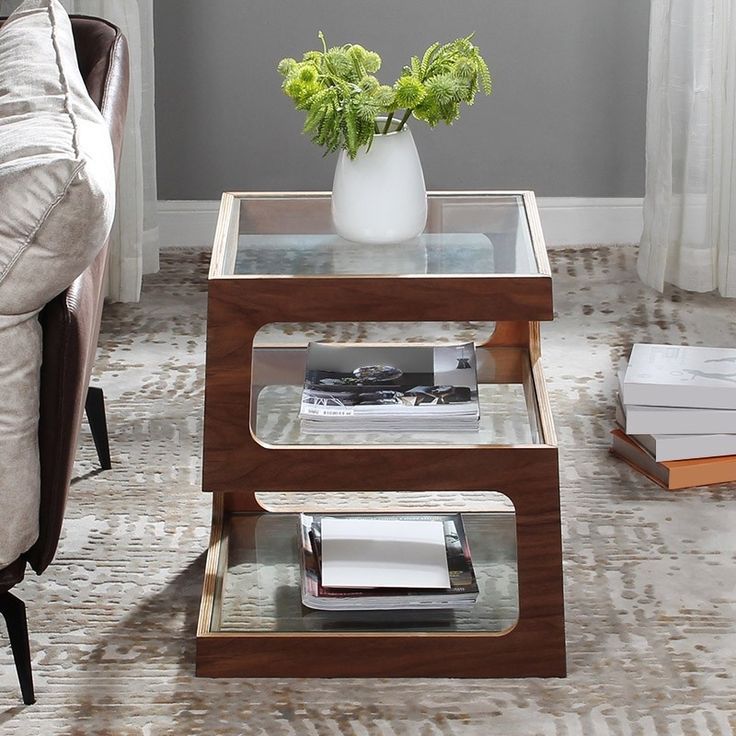 Modern Glass Side Table With 3 Tiers S Shaped End Table In Walnut | Side  Table With Storage, Glass Side Tables, End Tables With Storage For Glass Coffee Tables With Storage Shelf (View 19 of 20)