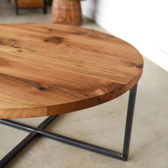 Modern Round Coffee Table / Reclaimed Wood Metal Base Coffee – Etsy Italia Within Reclaimed Wood Coffee Tables (View 19 of 20)