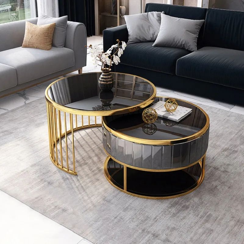 Modern Round Gold & Black Nesting Coffee Table With Shelf Tempered Glass Top  2 Piece Set Homary Regarding Tempered Glass Top Coffee Tables (View 7 of 20)