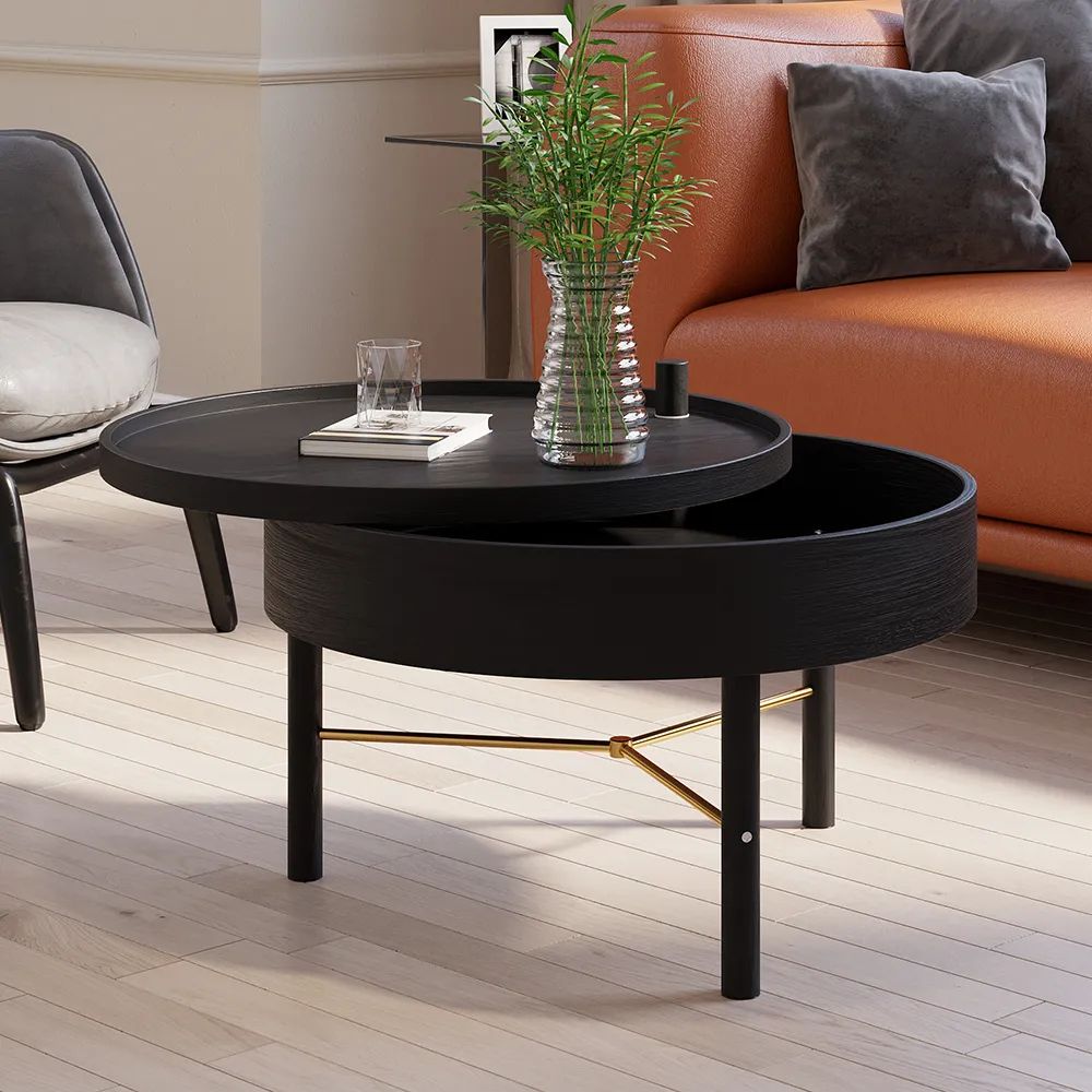 Modern Round Wood Rotating Tray Coffee Table With Storage & Metal Legs In  Black Homary Throughout Rotating Wood Coffee Tables (View 9 of 20)