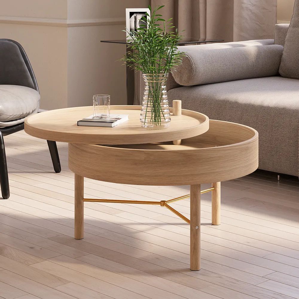 Modern Round Wood Rotating Tray Coffee Table With Storage & Metal Legs In  Natural Homary Regarding Rotating Wood Coffee Tables (View 2 of 20)