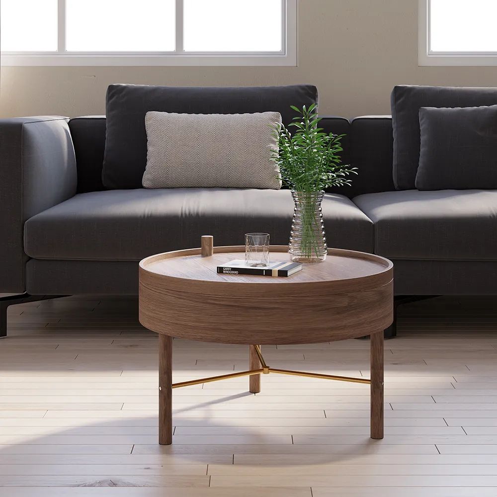 Modern Round Wood Rotating Tray Coffee Table With Storage & Metal Legs In  Walnut Homary Intended For Wood Rotating Tray Coffee Tables (View 4 of 20)