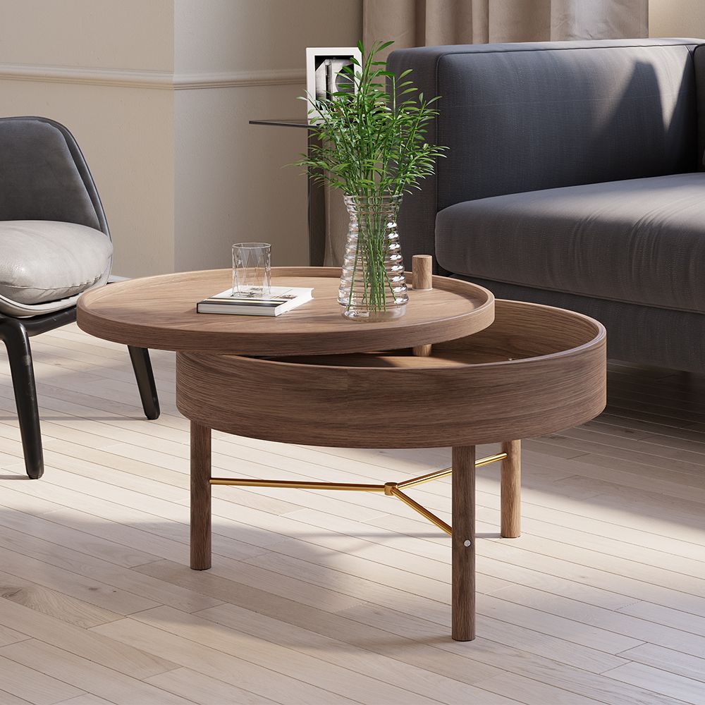 Modern Round Wood Rotating Tray Coffee Table With Storage & Metal Legs In  Walnut Homary Intended For Wood Rotating Tray Coffee Tables (View 2 of 20)