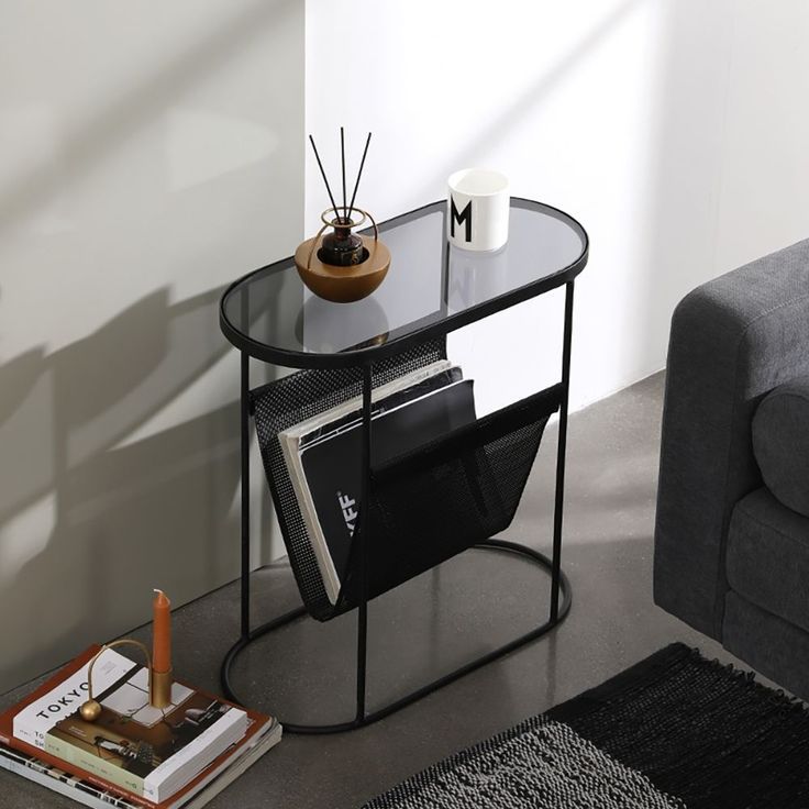 Modern Side Table Black End Table Metal Accent Oval Table Magazine Holder  Sofa Table | Living Room Side Table, Black End Tables, Black Side Table With Black Accent Coffee Tables (View 15 of 20)