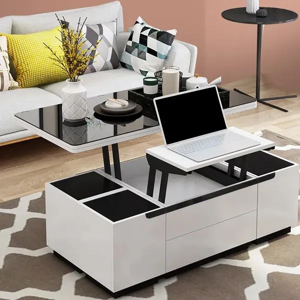 Modern White Lift Top Glass Coffee Table With Drawers & Storage  Multifunction Table Homary Inside White Storage Coffee Tables (View 1 of 20)