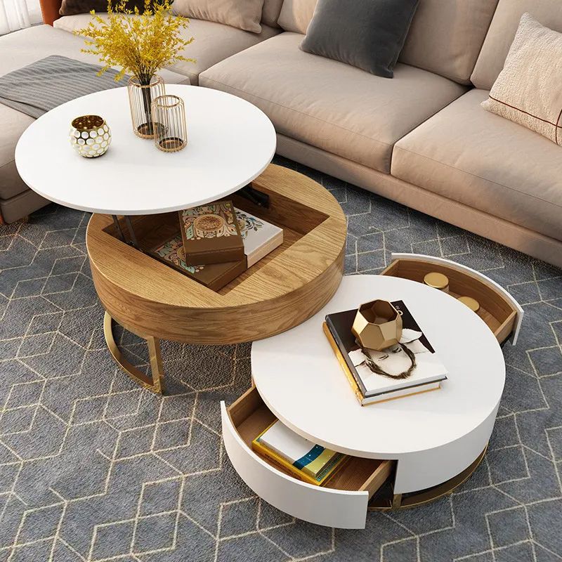 Nesnesis Modern Round Lift Top Nesting Wood Coffee Tables With 2 Drawers  White & Natural Homary Regarding Modern Round Coffee Tables (View 9 of 20)