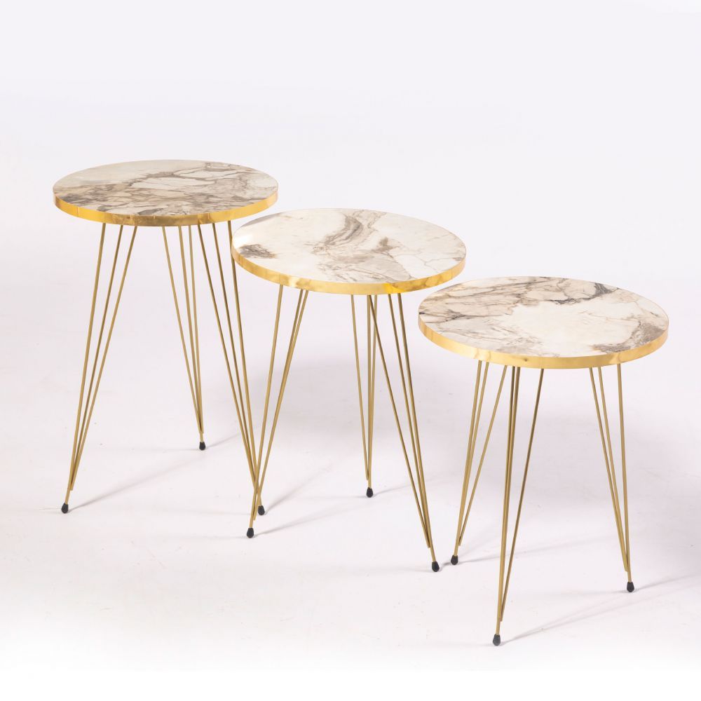 Nesting Table Set Of 3 Gold Metal Legs In White Marble – White Coffee & End  Tables, Marble Coffee & End Tables Throughout Splayed Metal Legs Coffee Tables (View 13 of 20)