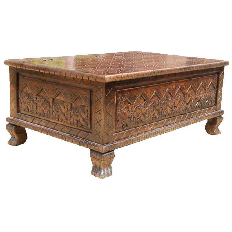 New Delhi Elephant Hand Carved Rustic Solid Wood Coffee Table Chest With Wooden Hand Carved Coffee Tables (View 5 of 20)