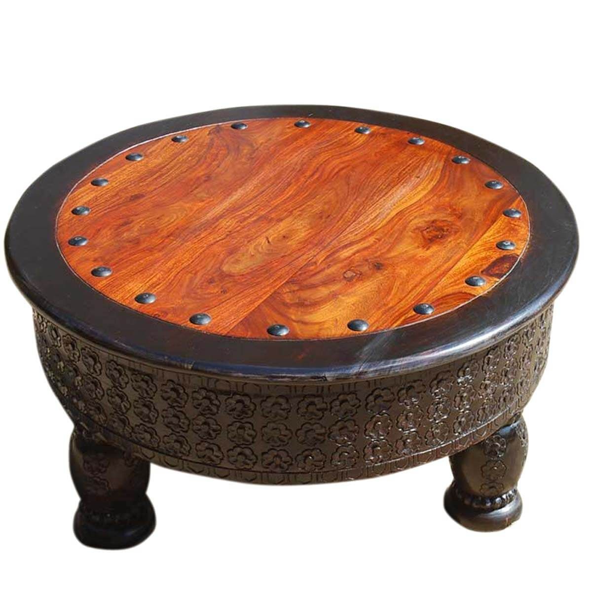 Nogales Rustic Solid Wood Hand Carved Round Coffee Table Inside Wooden Hand Carved Coffee Tables (View 10 of 20)