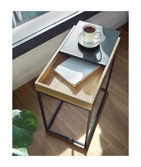 Numa Oak And Metal Little Table With Sliding Top For Oak Espresso Coffee Tables (View 6 of 20)