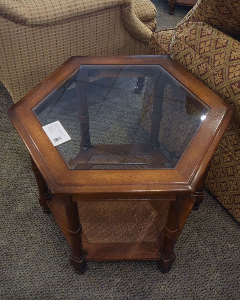 Octagon Glass Top End Table | New England Home Furniture Consignment Within Octagon Glass Top Coffee Tables (View 18 of 20)