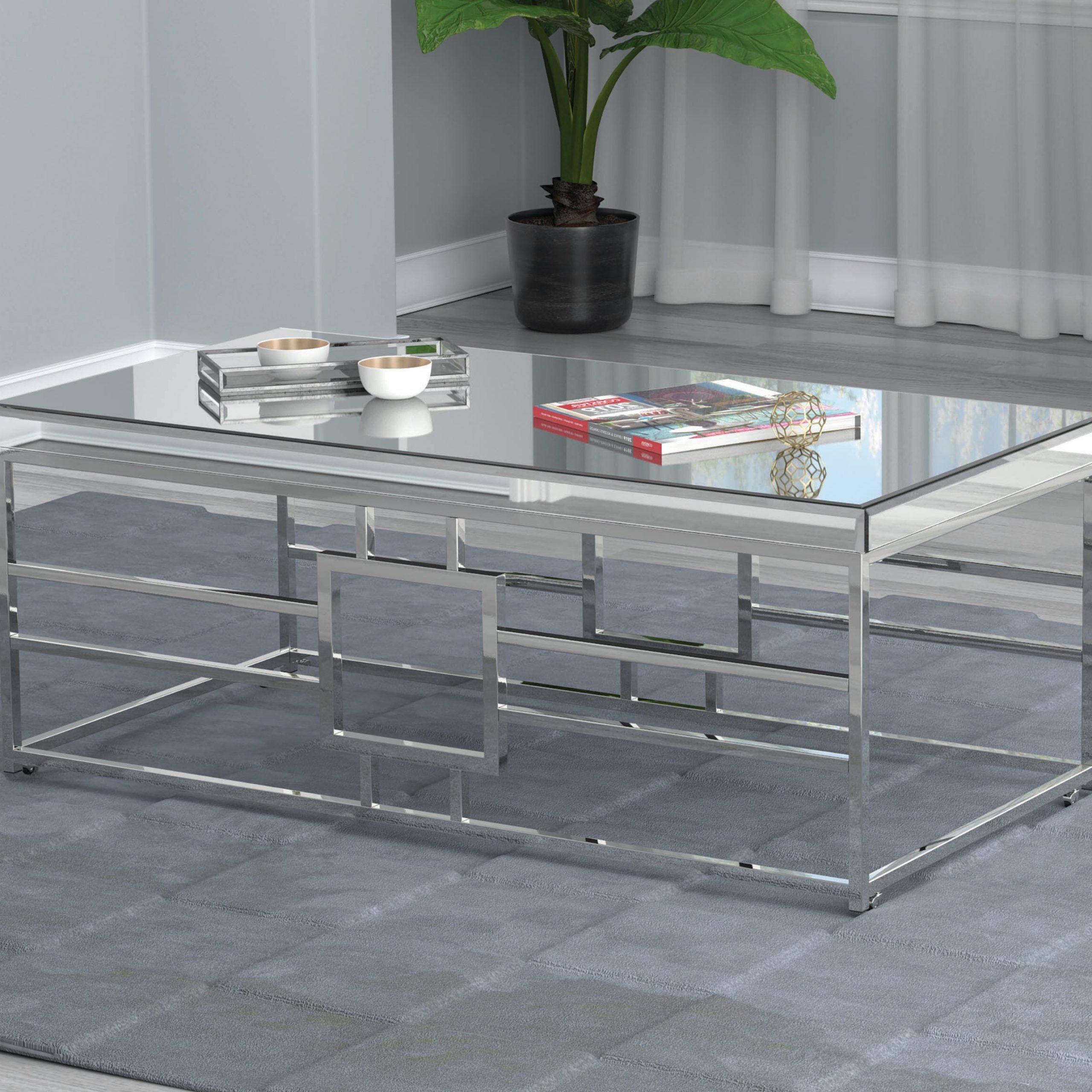 Orren Ellis Rectangular Coffee Table With Casters Mirror And Chrome |  Wayfair Within Chrome Coffee Tables (Gallery 19 of 20)