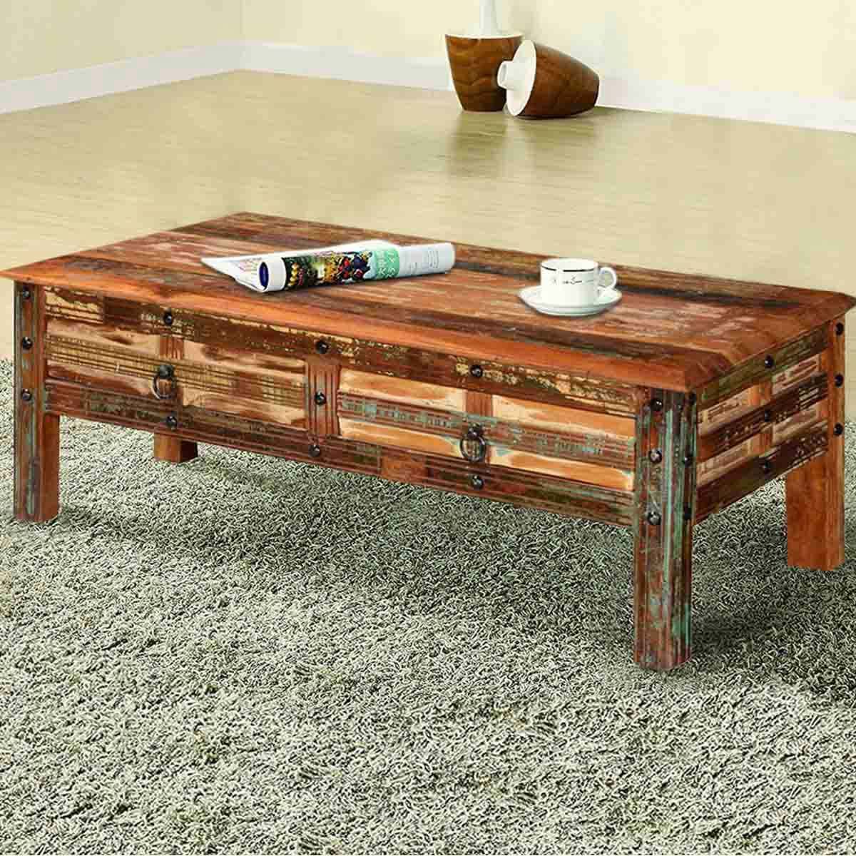 Pioneer Rustic Reclaimed Wood 2 Drawer Coffee Table Pertaining To 2 Drawer Coffee Tables (Gallery 19 of 20)