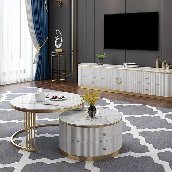 Plalue 2 Pieces White Round Nesting Wooden Coffee Table With Drawers Faux  Marble Top Homary Pertaining To White Faux Marble Coffee Tables (View 11 of 20)