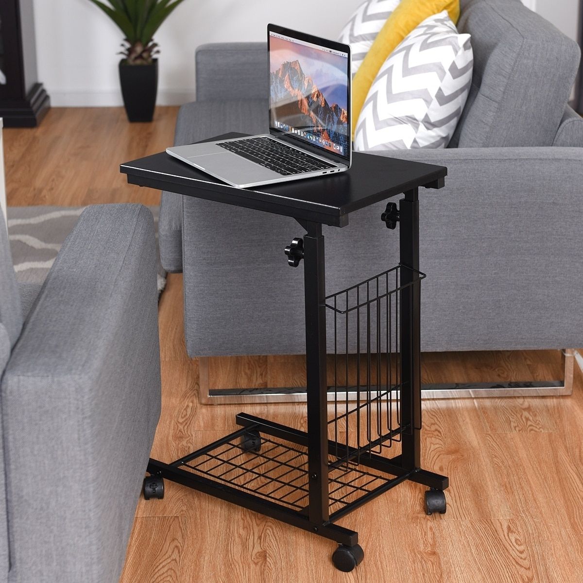 Porch & Den Mitchum Black Steel Rolling Adjustable C Shaped End Table – On  Sale – Overstock – 30551746 For Shape Adjustable Coffee Tables (View 5 of 20)