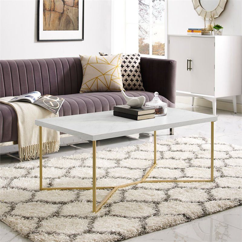 Rectangle Coffee Table With White Faux Marble Top And Gold Base |  Bushfurniturecollection With Regard To White Faux Marble Coffee Tables (View 19 of 20)