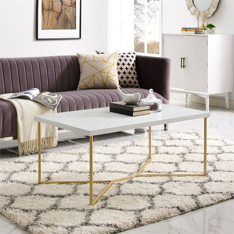 Rectangle Coffee Table With White Faux Marble Top And Gold Base –  Walmart Regarding Faux Marble Gold Coffee Tables (View 13 of 20)