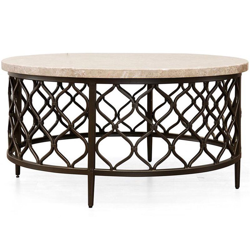 Roland Round White Stone Top With Bronze Metal Base Coffee Table |  Bushfurniturecollection With Bronze Metal Coffee Tables (View 6 of 20)