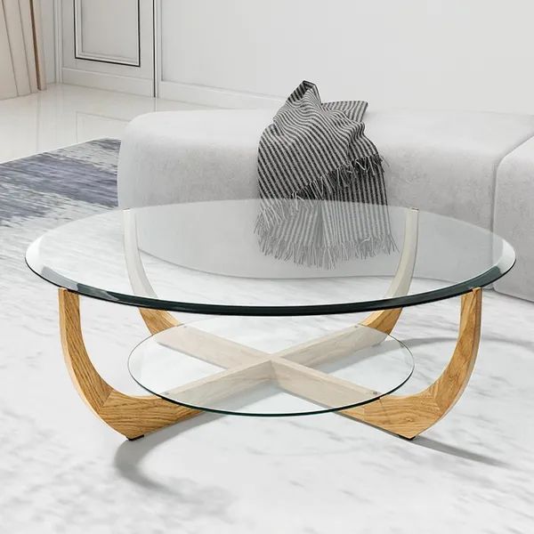 Round 2 Tiered Coffee Table With Shelf Storage Tempered Glass Top Homary Inside Tempered Glass Top Coffee Tables (View 8 of 20)