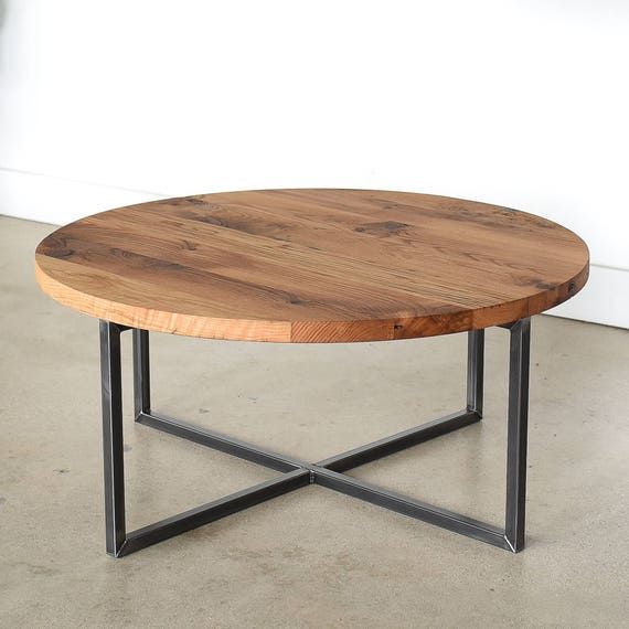 Round Coffee Table / Reclaimed Wood Metal Base Coffee Table – Etsy Throughout Metal Base Coffee Tables (View 2 of 20)